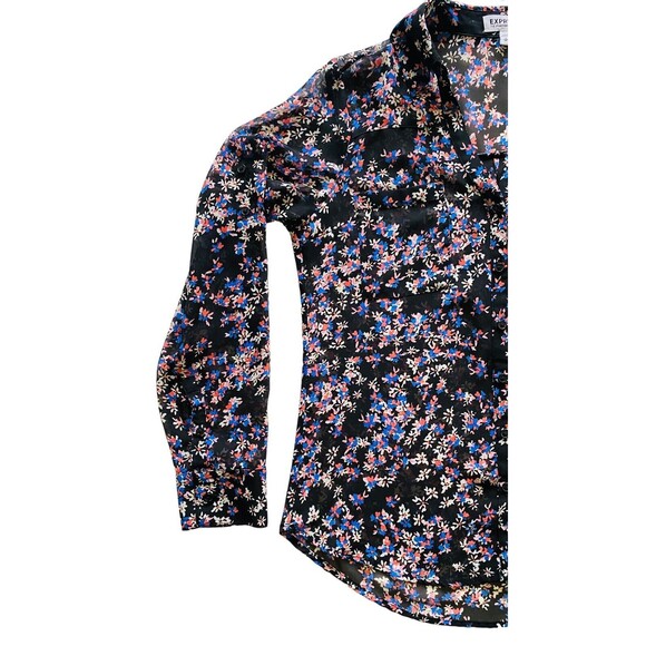 EXPRESS PORTOFINO Button Up Black Sheer Floral Print Top Roll Tab Sleeves Sz S/P - Picture 10 of 10
